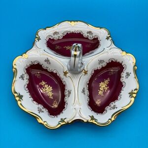 Vtg Reichenbach Burgundy Gold Porcelain 3 Section Divided Relish Serving Dish